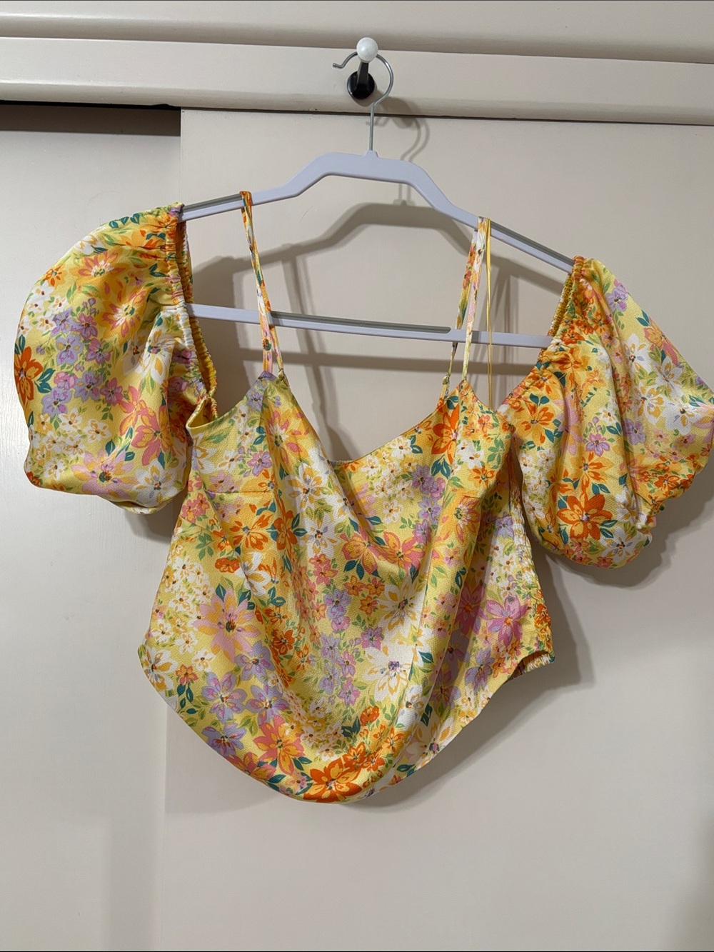 Yellow Floral Puff Sleeve Satin Camisole